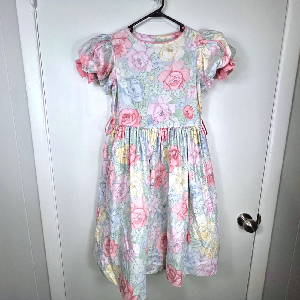 Vintage Jayne Copeland Girls Floral Puff Sleeve Dress Size 14 Pastel Easter
